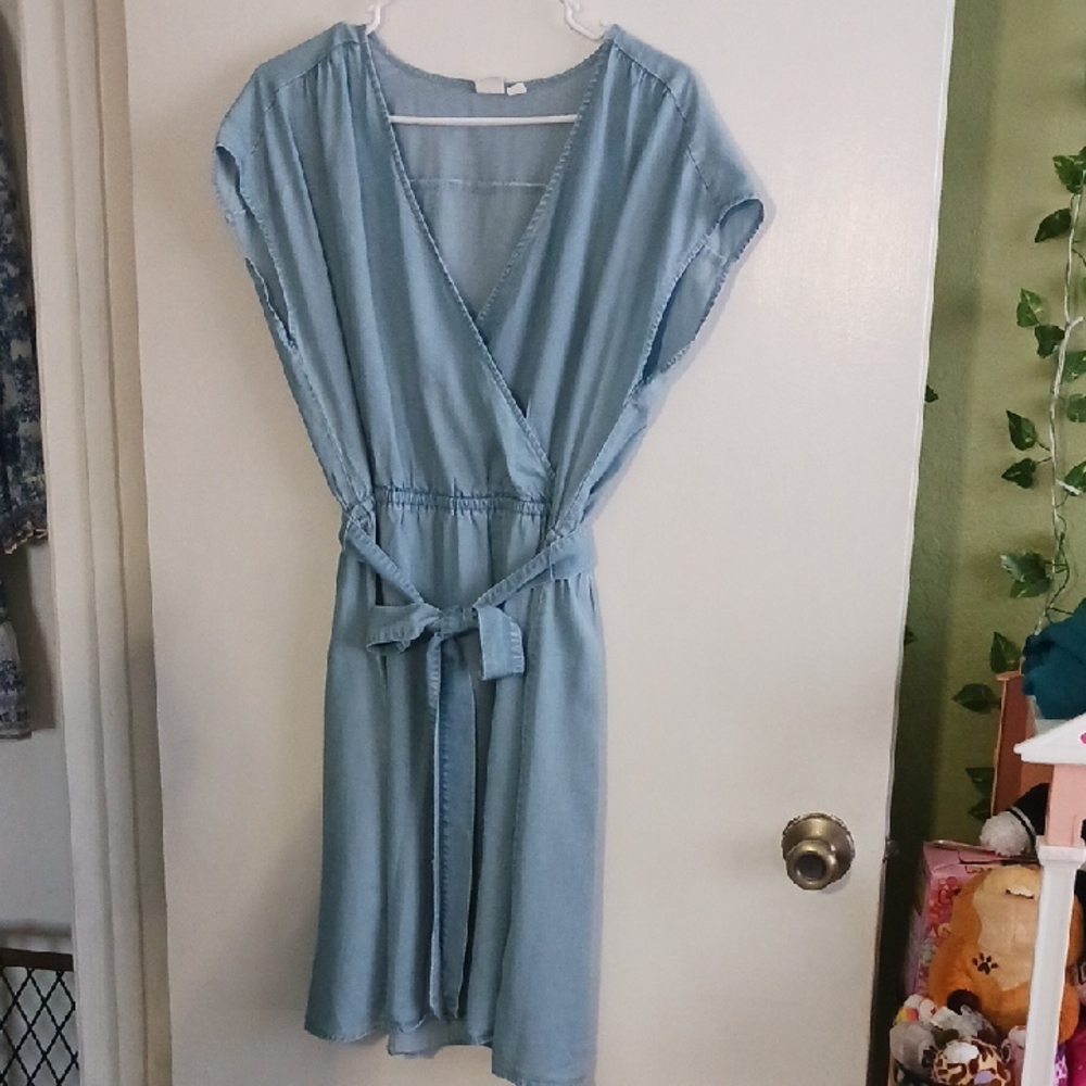 GAP Light Blue Wrap Midi Dress with Tie Waist